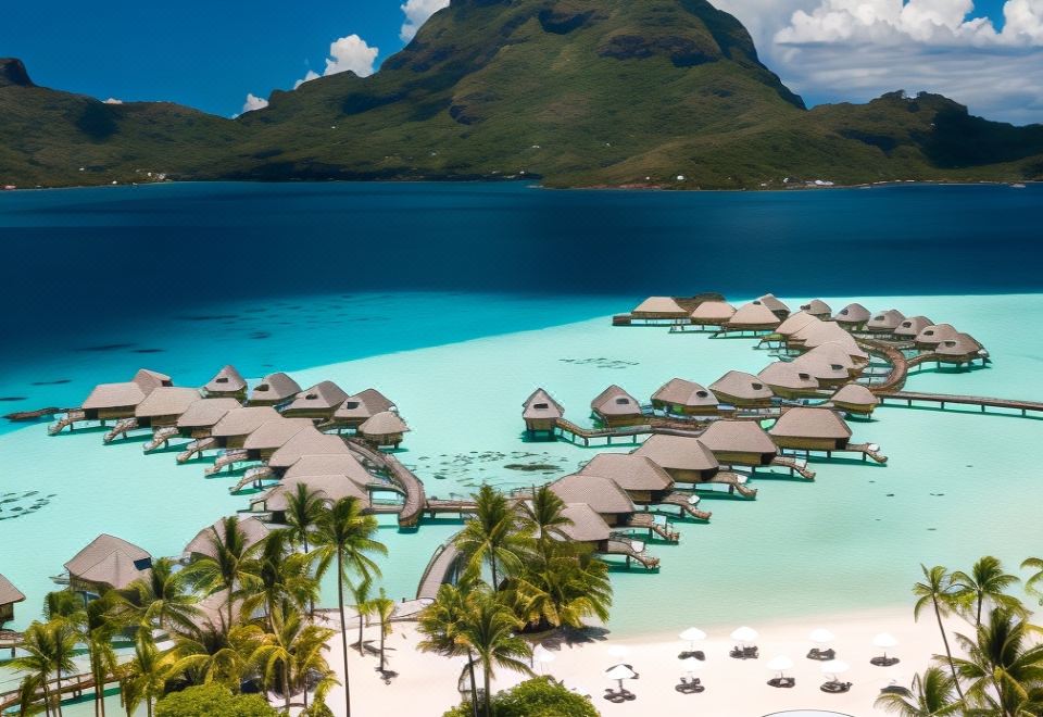 a tropical resort with a large swimming pool , multiple thatched - roof huts , and a mountain in the background at Le Bora Bora by Pearl Resorts