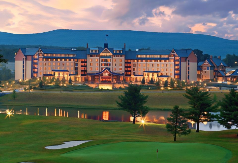 a large , grand hotel with multiple floors and balconies , surrounded by lush greenery and mountains , under a serene sunset sky at Mount Airy Casino Resort - Adults Only 21 Plus