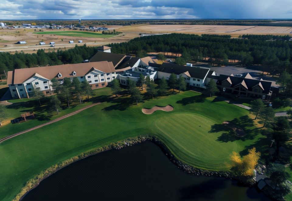 aerial view of a golf course surrounded by buildings , with a lake in the background at Thumper Pond Resort