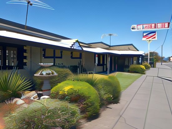 a motel with a blue roof and large windows , surrounded by green grass and trees at Motel Riverbend