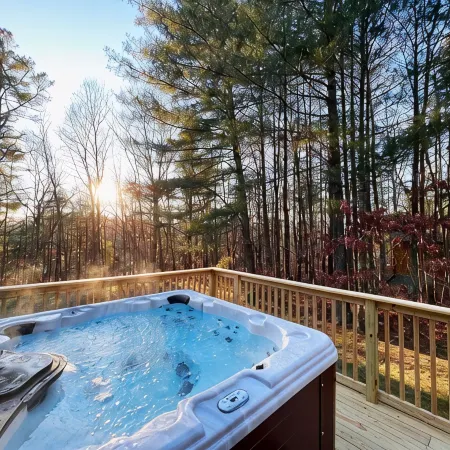 Pocono Nordic Cabin Spa Retreat: Sauna, Cold Plunge, Hot Tub, Theater, Fire Pit.