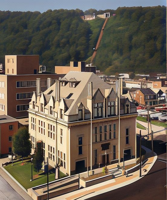 an aerial view of a large building with a crane lifting a piece of metal into the air at Holiday Inn Johnstown-Downtown