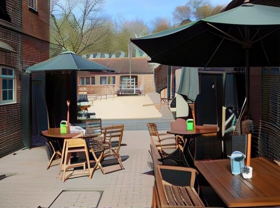 an outdoor dining area with wooden tables and chairs , surrounded by trees and a brick building at Spread Eagle Inn