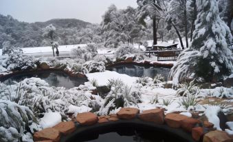 a snowy landscape with a pond and trees , as well as a hot tub in the background at Girraween Environmental Lodge