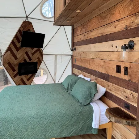 Moonshiner Tree Dome is rustic luxury with big, beautiful panoramic views.