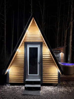 Glamp in this Cozy Tiny A-Frame Cabin: Electricity, Heating, AC, Wi-Fi & Hot Tub