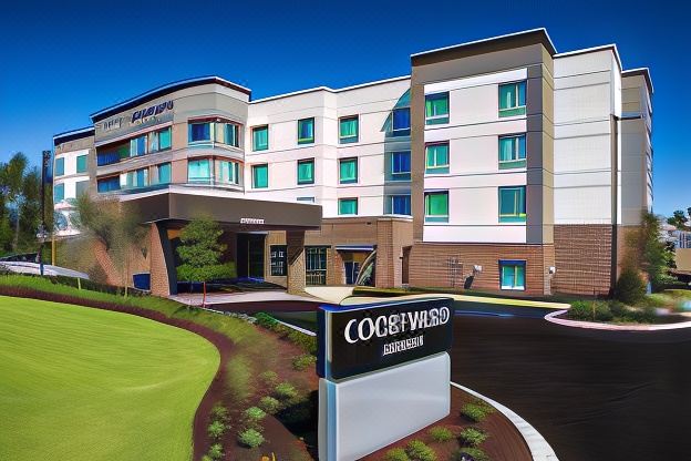 "a large , modern hotel building with a white exterior and a sign that reads "" courtyard by marriott "" prominently displayed on the front" at Courtyard Columbia Cayce