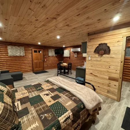 Charming log cabin on gravel back road with peace, quiet, all amenities of home