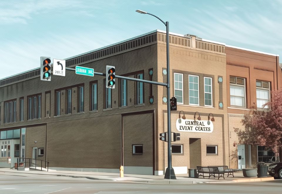 a city street corner with a building on the left side and traffic lights at the intersection at Inn on Central