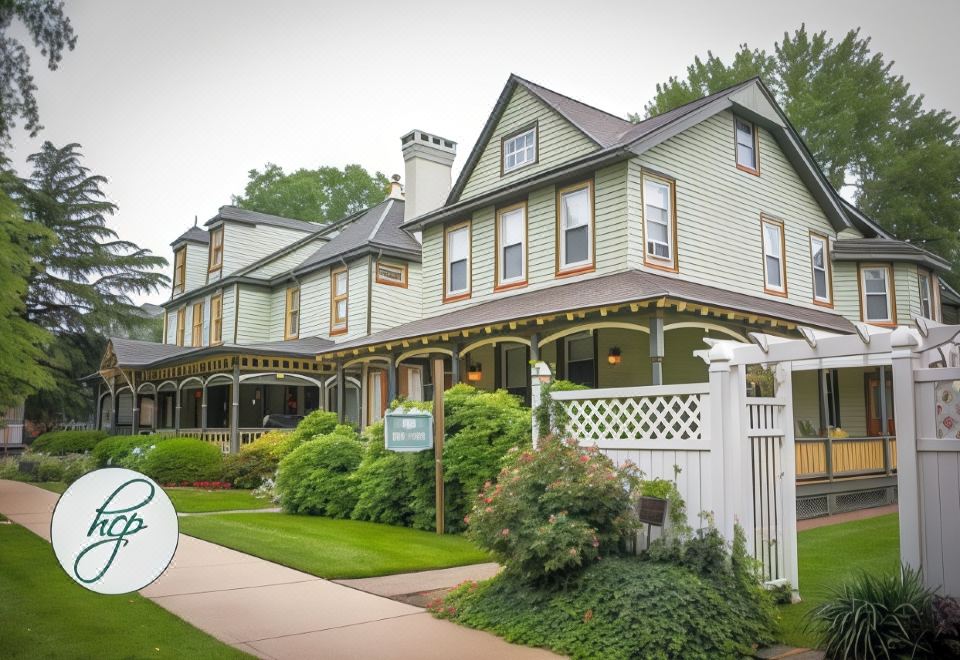 a large , two - story house with green siding and white trim , surrounded by lush greenery and a well - maintained lawn at Vandiver Inn