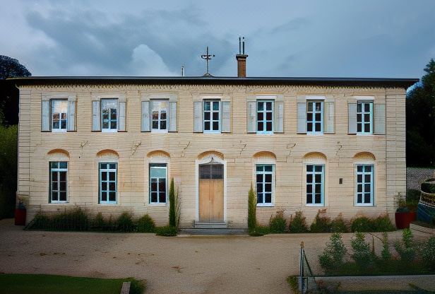a large , beige building with arched windows and a wooden door , situated in a grassy area under a cloudy sky at Le Cercle Chambres Climatisees