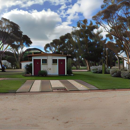 a white building with a red door is surrounded by green grass and trees , with a parking lot in front at Inglewood Motel and Caravan Park Victoria