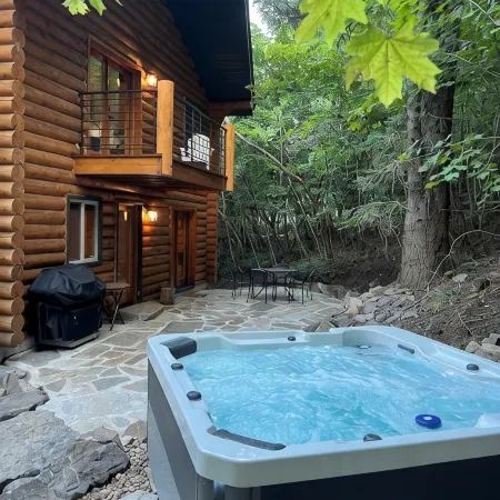 Cozy log cabin secluded in a mountain forest with hot tub, sauna, private patio.