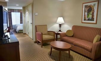 a hotel room with a bed , a couch , a chair , a tv , and a dining table at Hilton Garden Inn Casper