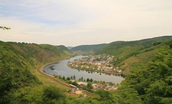 a picturesque view of a small town nestled on the banks of a river , surrounded by lush green hills at Moselhotel & Restaurant Zur Traube Gmbh