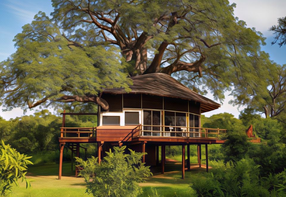 a large tree with a wooden house on stilts in the middle of a grassy area at Elewana Tarangire Treetops