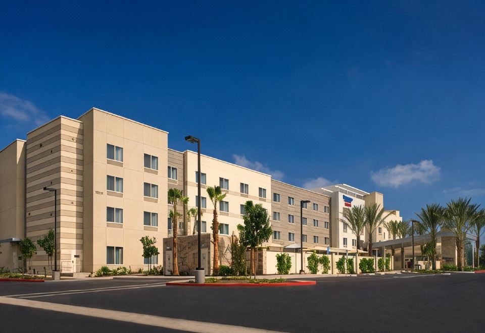 a holiday inn express hotel with its white exterior and palm trees in the foreground at Fairfield Inn & Suites Tustin Orange County