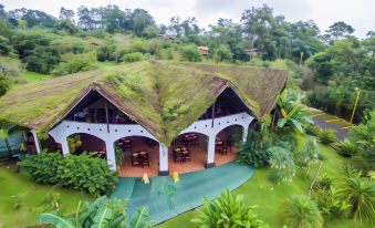 an aerial view of a thatched - roof building surrounded by lush greenery , with a dining area and tables inside at Hotel Mountain Paradise