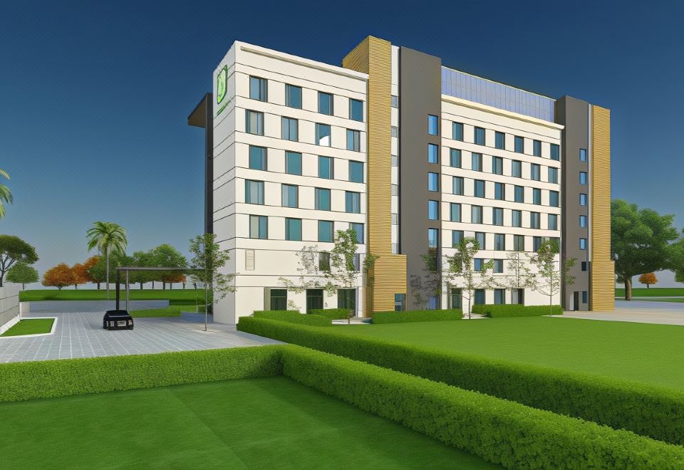 a large white building surrounded by green grass and trees , with a car parked in front of it at Holiday Inn Express Kolkata Airport