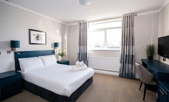 a modern hotel room with a white bed , blue curtains , and a window with sunlight streaming in at Birch Hotel