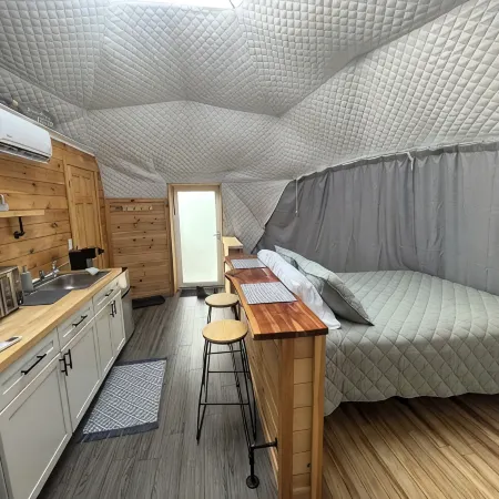 Cozy lakeside glamping dome with fireplace, AC and full bath.