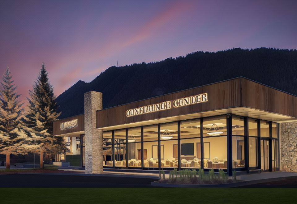 a large building with a conference center sign is lit up at night , and mountains in the background at The Lodge at Jackson Hole