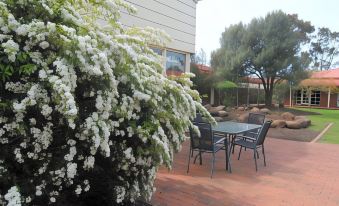 a patio area with a table and chairs surrounded by white flowers , creating a pleasant outdoor space at Grange Burn Motel