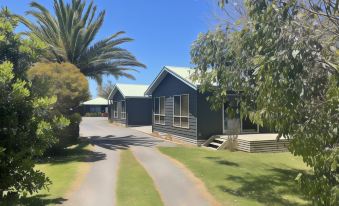 a row of blue - roofed houses with palm trees and green grass in front of them at Seahorse Coastal Villas