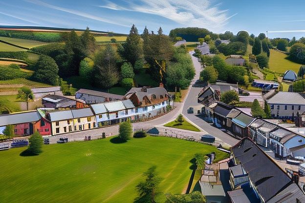 an aerial view of a village with houses , trees , and a golf course in the background at The Crown Hotel