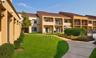 a modern apartment building with a grassy courtyard and lush greenery in front of it at Courtyard Richmond West