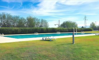 a grassy field with a swimming pool in the background , surrounded by trees and bushes at Inn Naples Airport