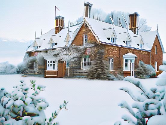 a large house with a red roof and chimney is surrounded by snow and bushes at The Red Lion