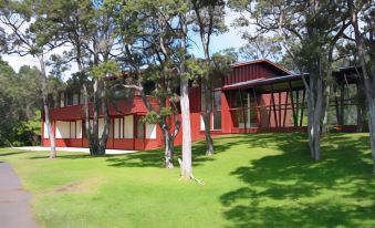 a modern house with a red roof is surrounded by trees and has a grassy yard at Volcano House