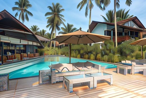 a wooden deck with lounge chairs , a dining table , and an umbrella overlooks a swimming pool surrounded by palm trees at Siargao Island Villas