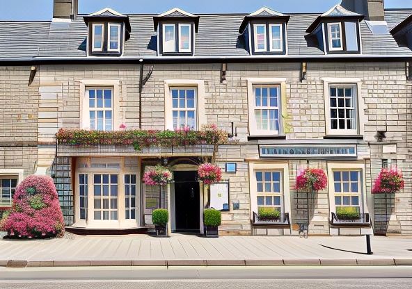 a stone building with multiple windows and flower pots on the front , along with a street sign in front at The Bear, Cowbridge