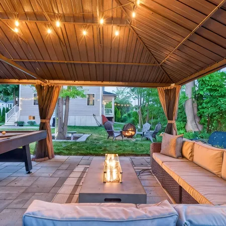 Backyard Oasis: Gazebo, Pool Table & Fire Table