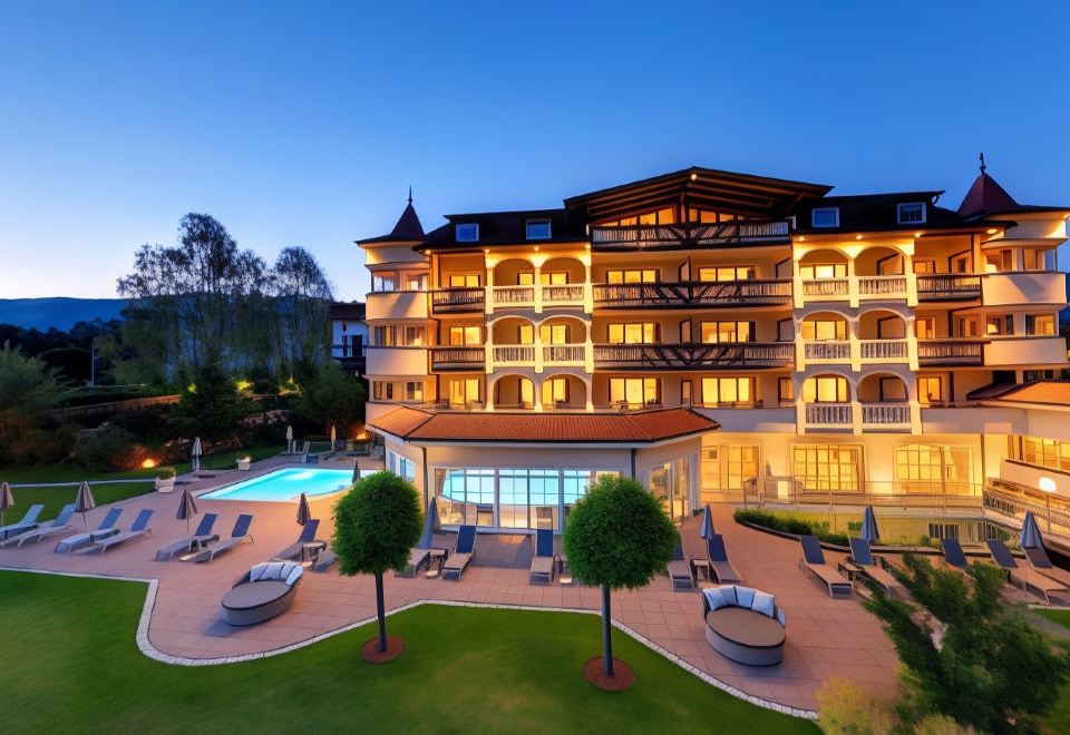 a large , modern hotel building with a swimming pool in front of it at dusk at Majestic Hotel & Spa Resort