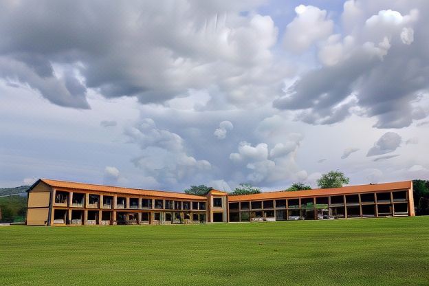 a large building with a green lawn in front of it , surrounded by trees and clouds at Grand Caporal Hotel