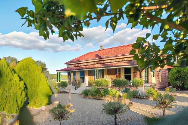 a large red - roofed house surrounded by a lush green garden , with trees and bushes surrounding the area at Barossa Shiraz Estate