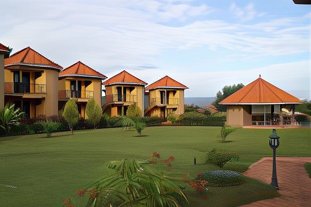a group of small houses with red roofs situated on a grassy field , overlooking the ocean at Nile Village Hotel & Spa