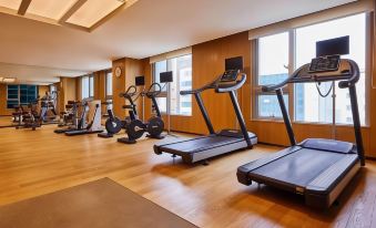 a large , well - equipped gym with various exercise machines and treadmills lined up against the walls at Lotte City Hotel Ulsan