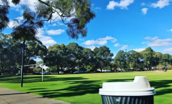 a cup of coffee is sitting on a table in a park with trees and grass at Hello Adelaide Motel and Apartments