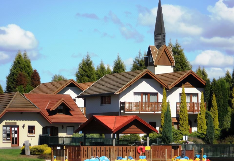 a large house with a red roof and a steeple is situated on the shore of a lake , surrounded by trees and people enjoying their time at Tamar Valley Resort Grindelwald