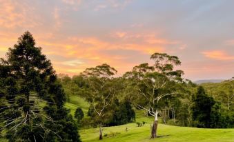 a beautiful sunset over a lush green field , with trees and grass in the foreground at Whispering Valley Cottage Retreat
