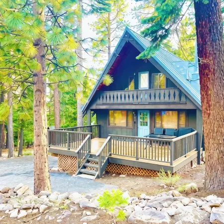 Modern A-Frame cabin that is a nice stroll down to the lake.