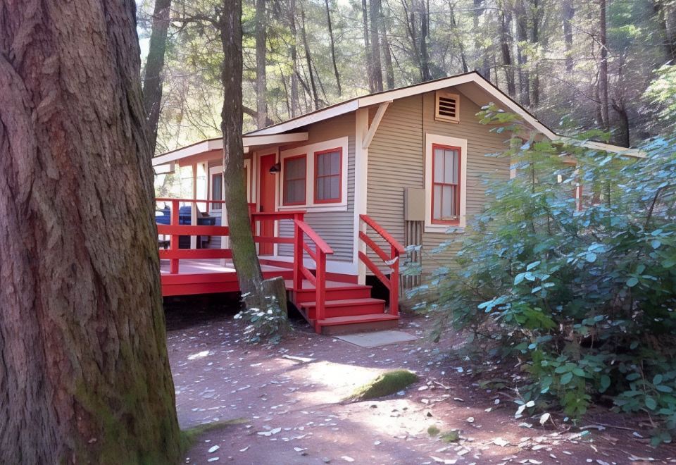 a small , cozy house with a red deck and steps is nestled in a wooded area at China Creek Cottages