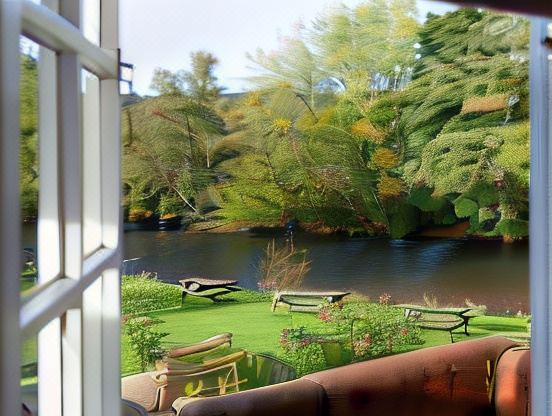 a view of a garden with benches and trees from an open window , looking out at the water at The Anchor Inn