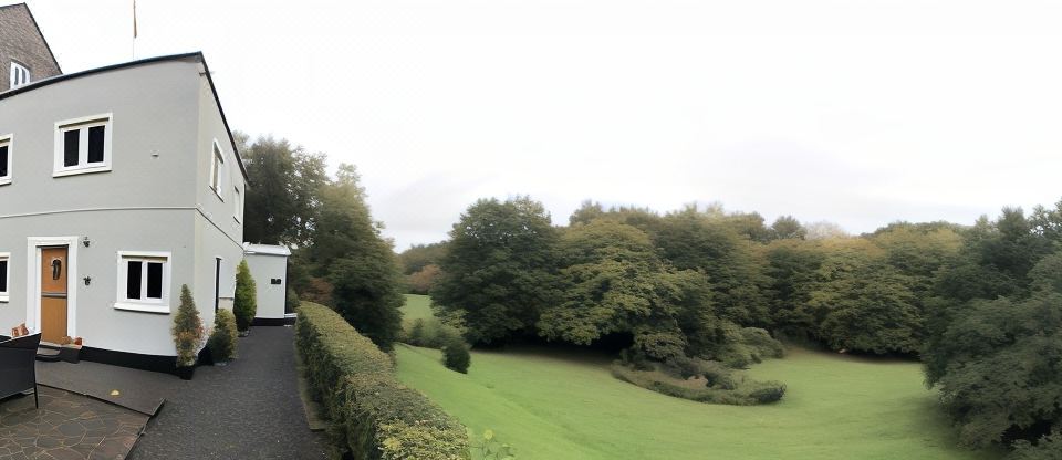 a lush green field with trees and bushes , viewed from an elevated perspective on a cloudy day at The Mill at Glynhir