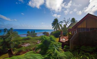 a tropical beach scene with palm trees and a house overlooking the ocean , under a blue sky at Maravu Taveuni Lodge