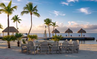 a beach scene with a group of people sitting on lounge chairs and a table overlooking the ocean at Reefhouse Resort and Marina